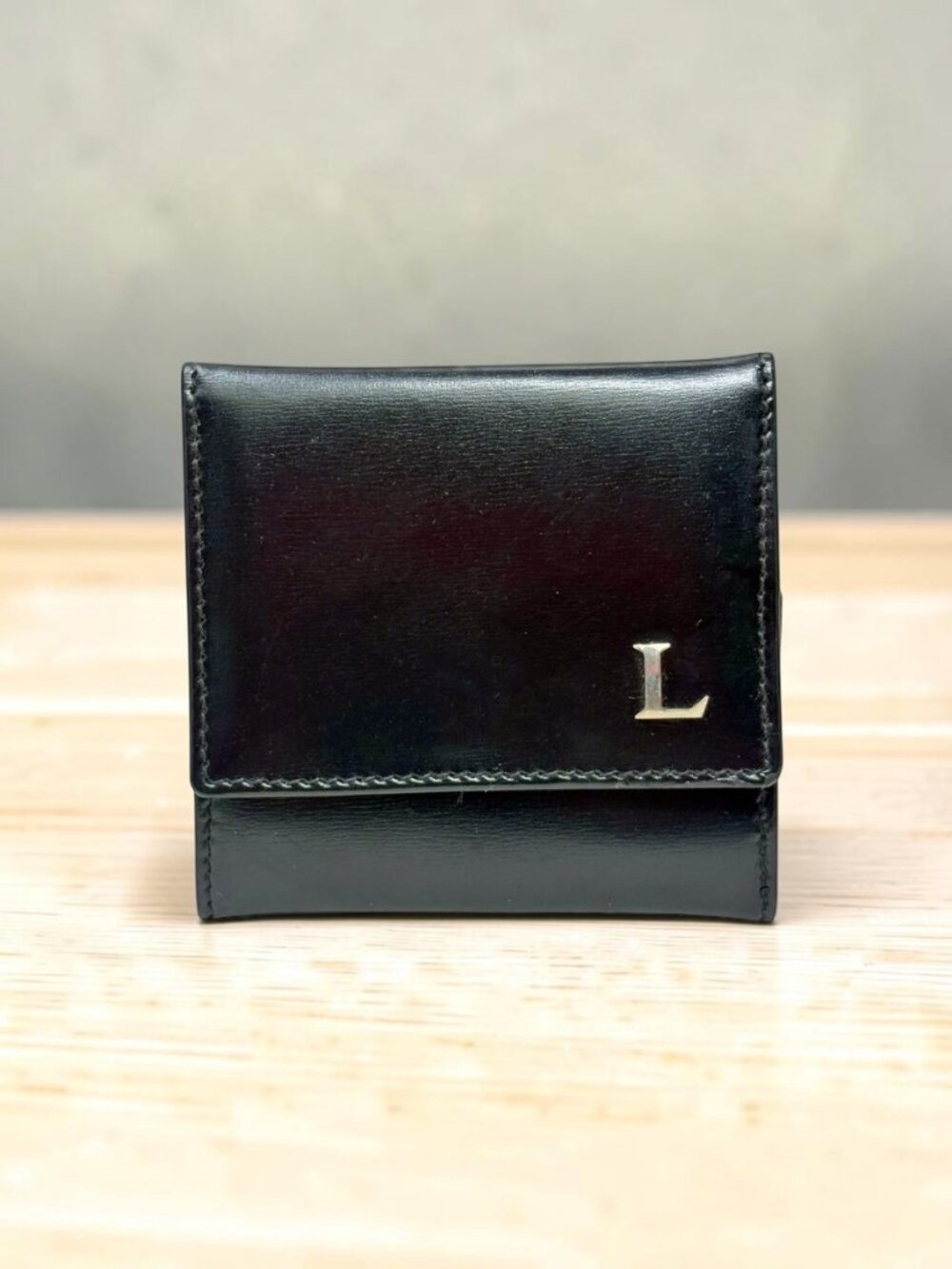 Vintage LANVIN Paris Black Leather L Logo Key Coin Case Wallet